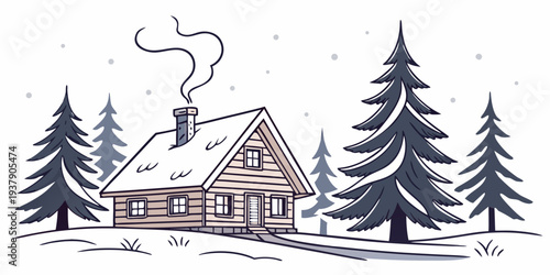 A serene winter scene with a cozy cabin surrounded by snow-covered trees Vector