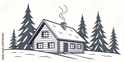 A charming cabin nestled in the woods with smoke rising from the chimney Vector