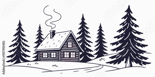 A charming cabin nestled in the woods with smoke rising from the chimney Vector