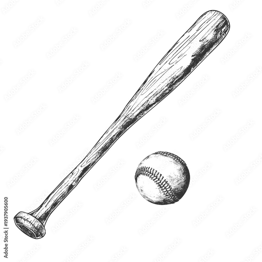 Naklejka premium Baseball bat and ball in urban ink sketch style, featuring hand-drawn line art texture and classic sports equipment design. Perfect for sports branding, baseball team identity, and athletic posters.
