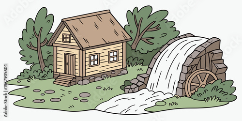 A quaint countryside house nestled by a serene, flowing river. Vector