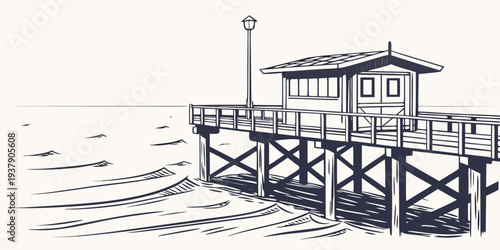 A serene beach house perched on stilts overlooking the calm ocean waters Vector