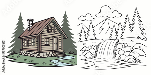 A serene mountain cabin with a picturesque view of the surrounding landscape Vector