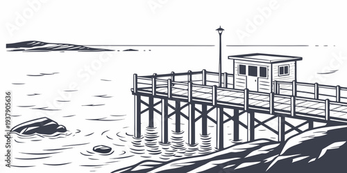 A serene lighthouse standing tall on a rocky shore with waves crashing nearby Vector