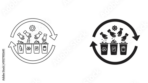 Recycling icon with hands sorting waste into bins and circular arrows, clean and solid versions