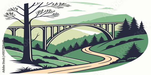 A serene landscape with a winding path through a lush forest and a tranquil lake Vector