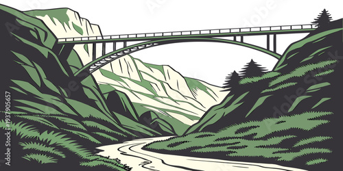 A serene landscape of a river winding through a lush, green valley with mountains in the distance. Vector