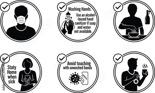 Black and white health and hygiene prevention icons showing mask use, handwashing, food safety, staying home, avoiding contact, and cough etiquette for educational design and stock imagery.
