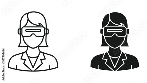 Virtual Reality VR Goggles Woman Icon - Line Art and Silhouette