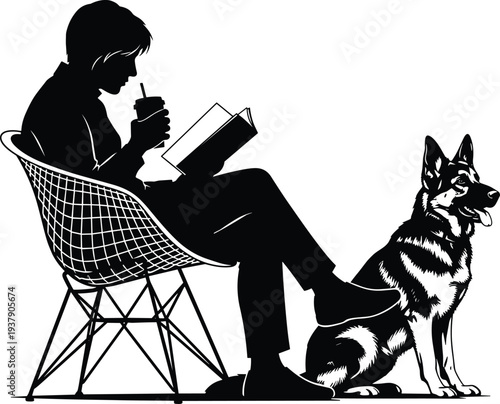 Black and white silhouette of person relaxing in chair with drink and book beside attentive German Shepherd dog, lifestyle design, leisure illustration, and stock imagery.