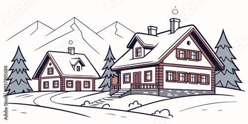 A charming winter scene with cozy houses nestled among snow-covered trees Vector