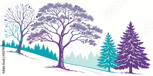 A serene winter landscape with trees and a clear blue sky Vector
