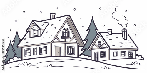 A charming winter scene of a house with snow-covered roof and trees Vector