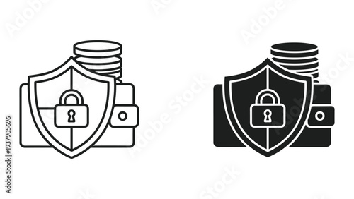 Secure Wallet Icon with Coins, Shield, and Padlock - Financial Safety and Protection Concept