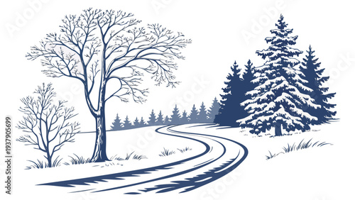 A serene winter landscape with snow-covered trees and a winding path Vector