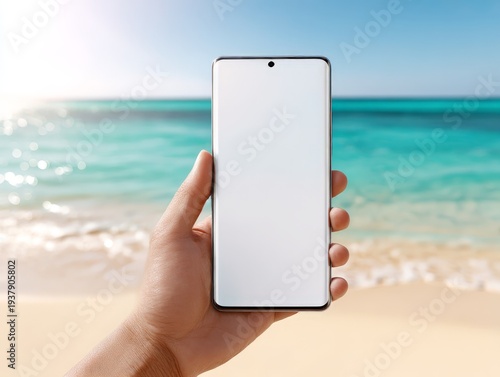 person on the beach holding up a smartphone with a blank screen
