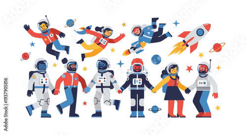 Diverse group of astronauts and people floating together in space surrounded by stars and rockets