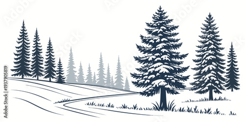 A serene winter landscape with tall pine trees and a gentle snowfall Vector
