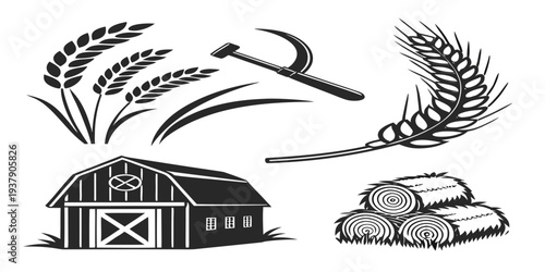 A black and white illustration of a barn, wheat, and a combine harvester Vector