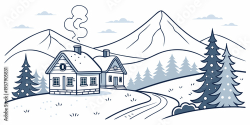 A serene winter scene with a small house nestled among tall, snow-covered mountains Vector