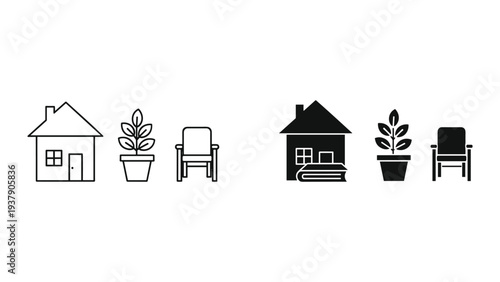 Line Art and Solid Icons: House, Potted Plant, and Chair - Home and Relaxation