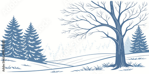 A serene winter landscape with a lone tree standing tall amidst a snowy forest Vector