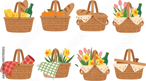 Set of eight picnic baskets with bread, cheese, wine, and spring flowers, outdoor dining collection, cad drawing flat vector illustration.