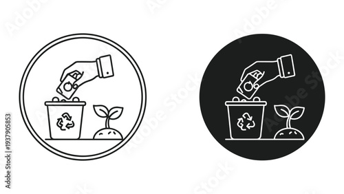 Hand putting money into recycling bin next to seedling icon, symbolizing eco-friendly finance and green investment
