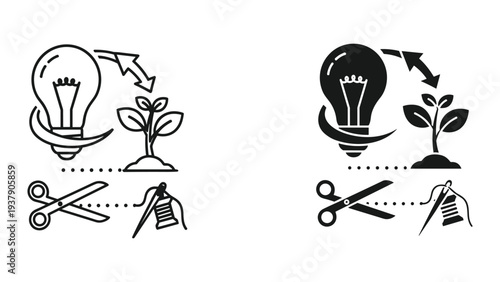 Idea to Growth and Creation: Lightbulb to Sprout, Scissors to Sewing Needle Icons