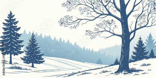 A serene winter landscape with snow-covered trees and a distant mountain range Vector