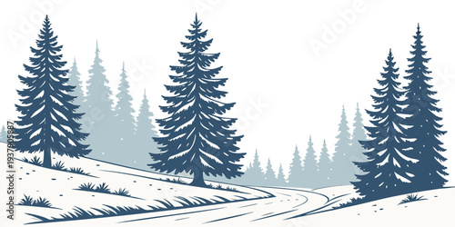 A serene winter landscape with snow-covered trees and a tranquil river Vector