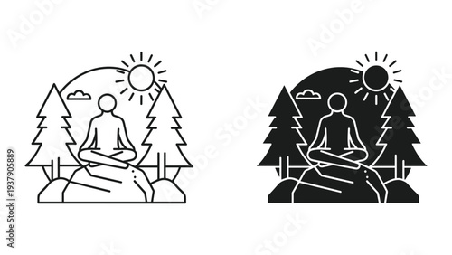 Person meditating in lotus pose outdoors among pine trees, rocks and sun, peace and wellness icon
