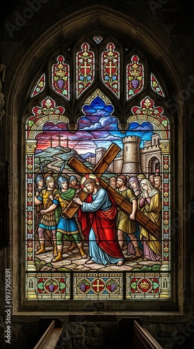 Jesus carrying cross stained glass church art

