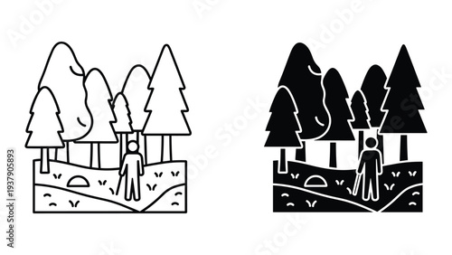 Man Hiking in Forest with Trees and Mountains Line and Silhouette Icons