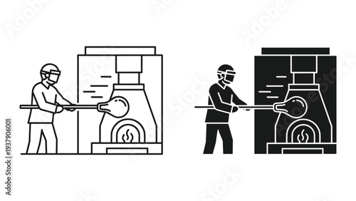 Glassblower working with molten glass and furnace, line art and silhouette icons