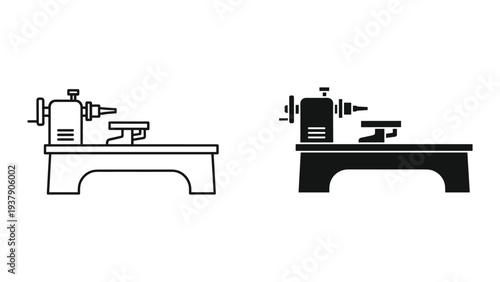 Wood Lathe Machine Icon Set - Line Art and Silhouette Illustration