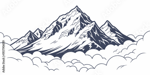 Majestic snow-capped mountains rise above a sea of clouds in a serene landscape. Vector