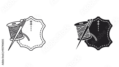 Leather Craft Icon with Needle and Thread - Black and White Set