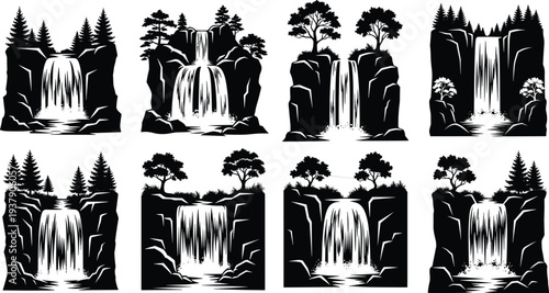 Set of eight black and white waterfall silhouettes with forest trees and mountain cliffs for nature landscape adventure and travel designs