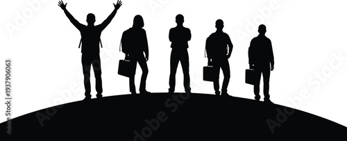 Black silhouette of a group of travelers and businessmen standing on top of a hill with backpacks and briefcases against a white background