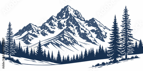 Majestic snow-covered mountain peak with dense forest at its base Vector