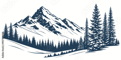 Majestic mountain landscape with snow-capped peaks and dense forest below Vector