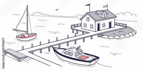 A serene lakeside scene with boats and a charming house by the water Vector