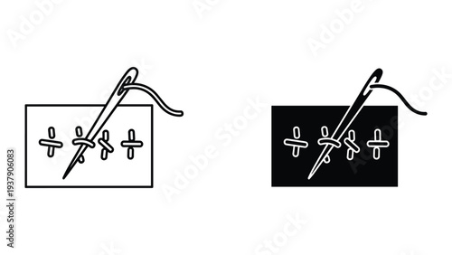 Sewing Needle and Thread with Cross Stitches Icon, Line Art and Silhouette Versions