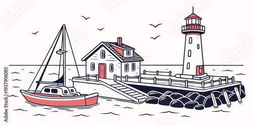 A picturesque lighthouse scene with boats and a pier on a calm, sunny day Vector