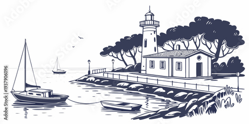 A serene coastal village with a sailboat anchored near the shore Vector