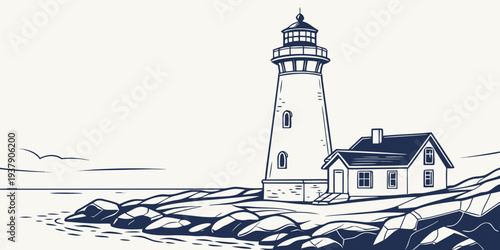 A serene lighthouse standing tall on a rocky shore with a seagull flying by Vector