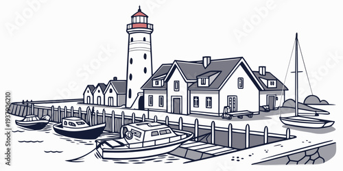 A serene lighthouse standing tall on a rocky shore during sunset. Vector