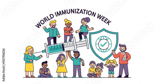 Children receiving vaccinations during World Immunization Week, surrounded by adults and health symbols in a public health campaign illustration