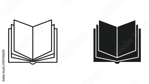Open Book Icon Set: Line Art and Solid Silhouette, Isolated on White Background
